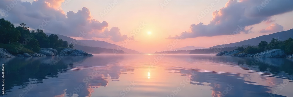 Fototapeta premium Serene Landscape Tranquil Water Reflecting Peaceful Sky - Perfect for Relaxation, Meditation, and Wellness Content