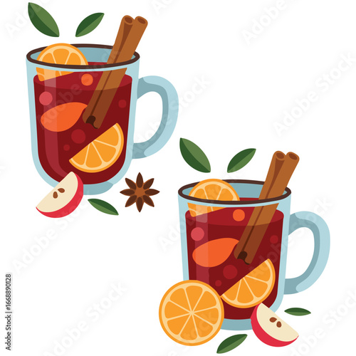 Set mulled wine mugs orange slices apple anise cinnamon isolated vector illustration on white background