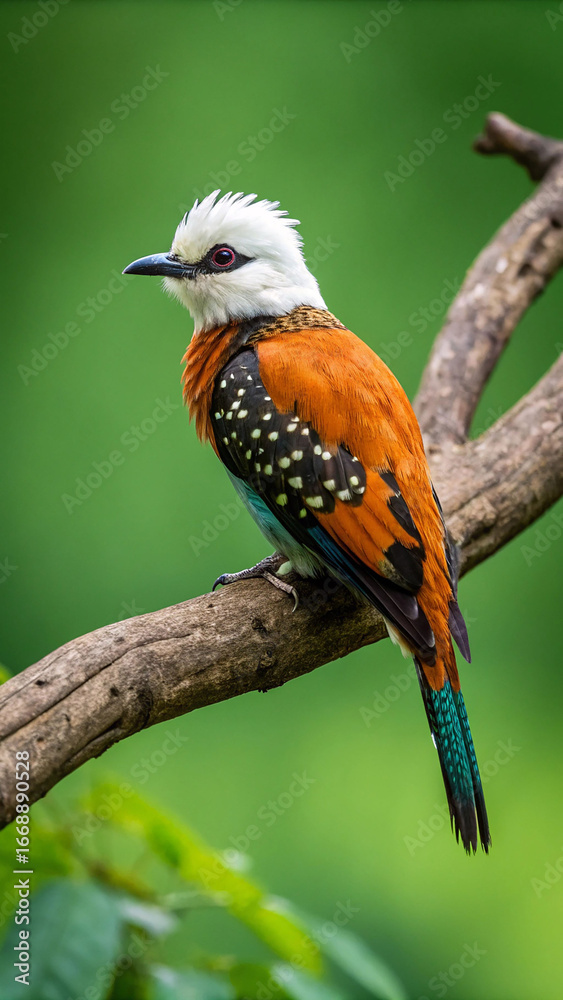 Fototapeta premium White headed orange bird with spotted wings wildlife