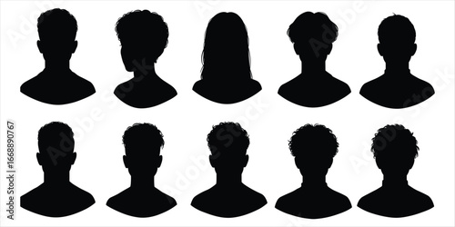 Collection of Black Silhouettes of Heads Showing Various Hairstyles and Genders curly hair