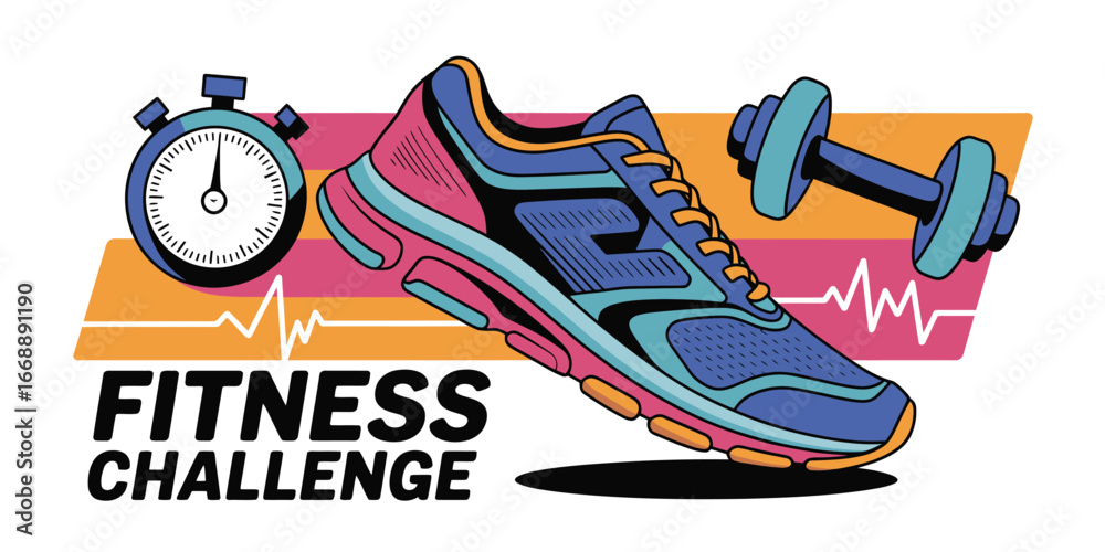 Naklejka premium Illustration showing fitness challenge with shoe dumbbell and stopwatch on colored background design
