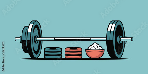 A barbell with weights and a bowl of food on a light blue background in a cartoon style illustration