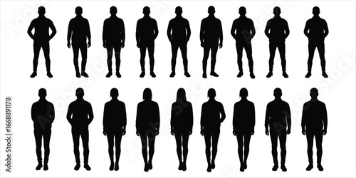 Collection of male and female silhouettes standing in two rows on white background people woman