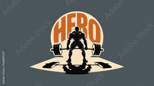Silhouette of muscular man lifting barbell with hero text in background and shadow on the floor