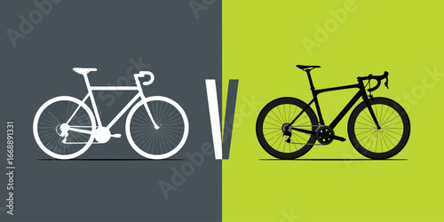 White bicycle outline versus black bicycle silhouette on contrasting gray and green background