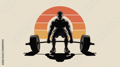 Silhouette of a muscular man preparing to lift a barbell against a retro sun background design art