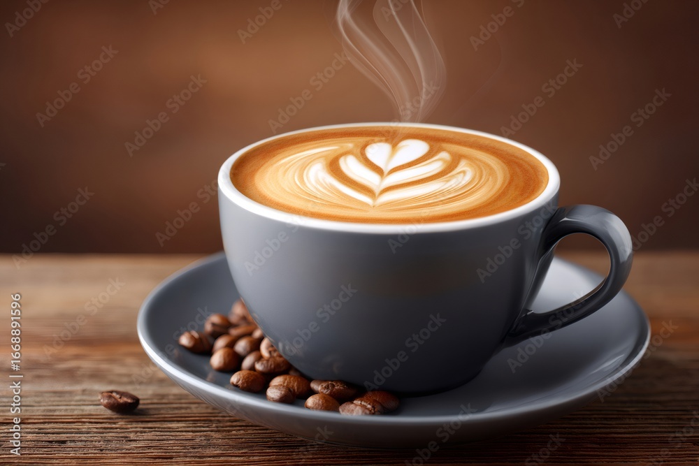 Fototapeta premium Steaming cup of latte art coffee with coffee beans on wooden table