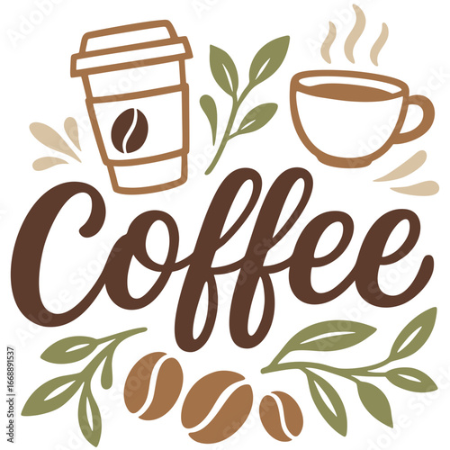 Coffee lettering “But First Coffee”, hot cup, hearts, and decorative elements. Cozy vector illustration  for posters, stickers, t-shirts, mugs, café decor, kitchen prints, and digital designs.