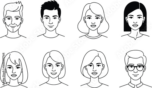 Diverse line art portraits of men and women with different hairstyles people woman