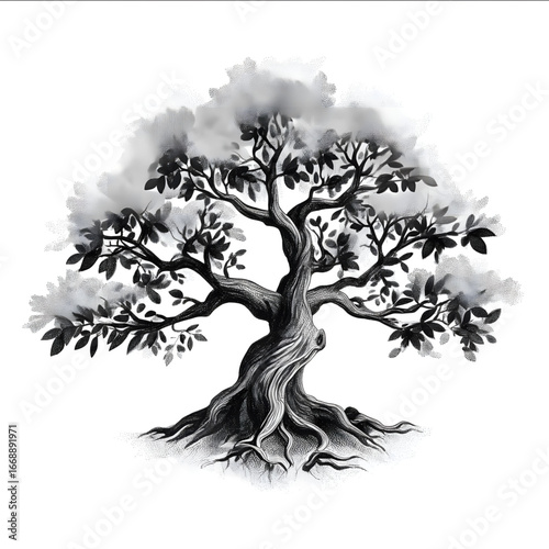 Create a symmetrical black and gray tattoo design of the Tree of Life avoiding cultural or Norsespecific elements The tree should feature a thick sturdy trunk.