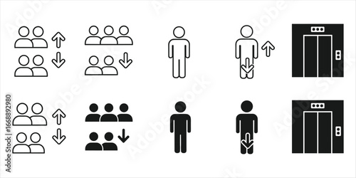 Icons representing people in elevators and group movement with arrows lift