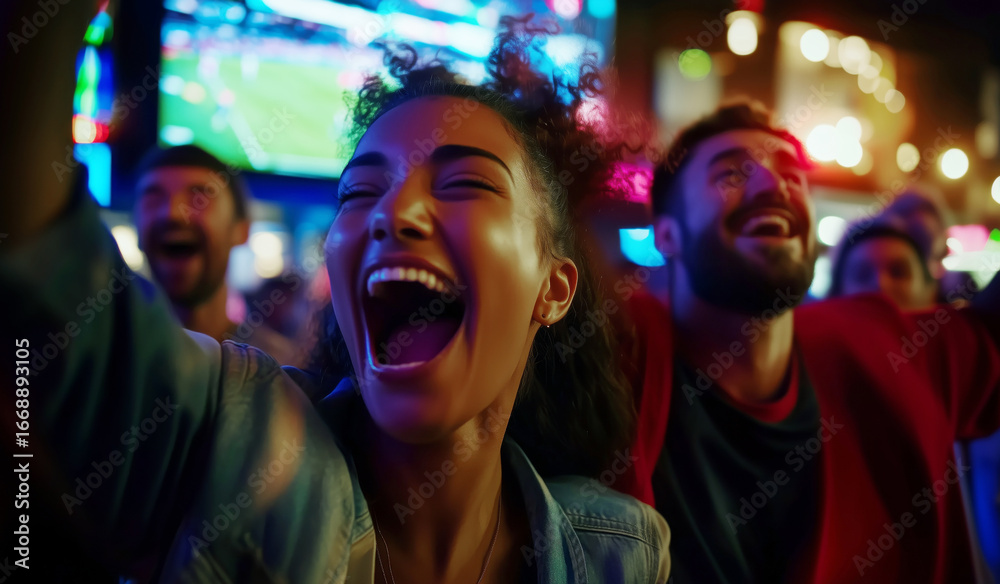 Fototapeta premium Young woman with friends watching and cheering intense sports match in sports bar, celebrating victory, enjoying excitement, enthusiasm, fun, team spirit, social gathering, indoor activity, fan experi