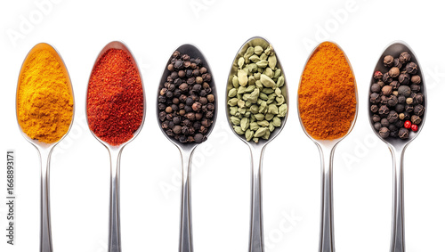 A spoonful of spices is shown in a row, including cumin, paprika, and pepper