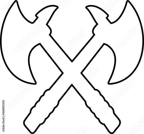 Crossed axes  line vector icon ideal for adventure branding, survival emblems, and rugged outdoor logos.