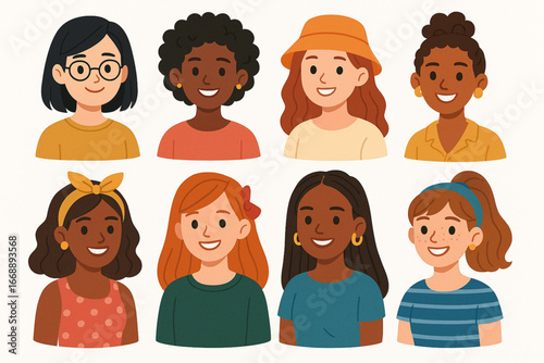 Flat vector illustration set of diverse young women portraits with unique hairstyles accessories and fashion