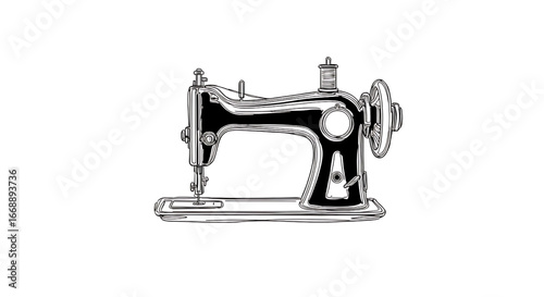 Abstract antique-style sewing machine for atelier or tailor design. Minimalist black linear sketch on a white background. Vector illustration.