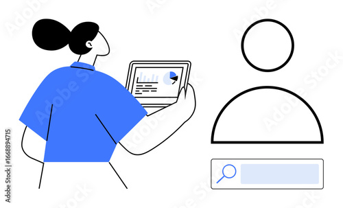 Woman reviewing analytics on laptop beside abstract avatar and search bar. Ideal for digital research, data management, online identity, analytics, user interface, profile setup, simple landing page