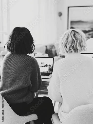 Black and white photography of women working | Two women with short wavy hair sitting at laptops in bright interior | Modern monochrome office style | Editorial work lifestyle stock image