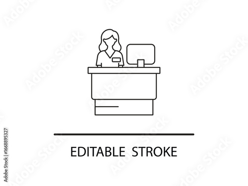 Professional receptionist assisting customer at clean modern desk with computer and friendly demeanor.