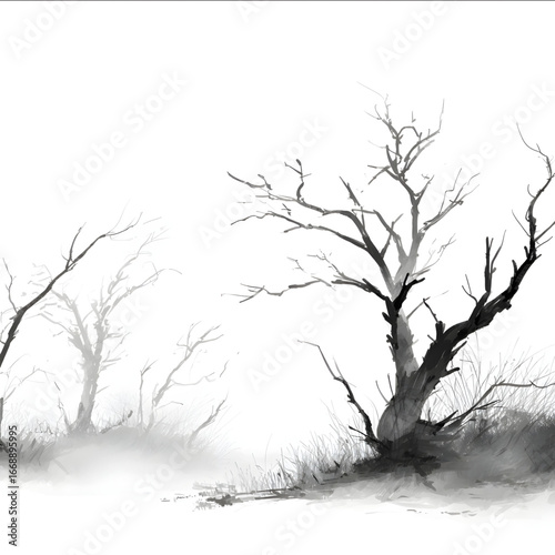 dead trees in the style of digital art In an animeinspired digital sketch art style using rough brushes to create a mysterious atmosphere The focus is on capt.