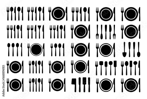 Seamless Pattern of Black and White Cutlery and Plates