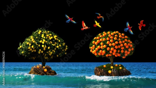 Surreal Fruit Island with Citrus Trees Rising from the Ocean, Vibrant Digital Illustration 
