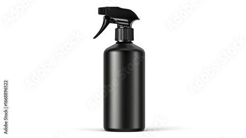 Nice photo of ultra-realistic image of a black plastic screen cleaner spray bottle, isolated on a white background.