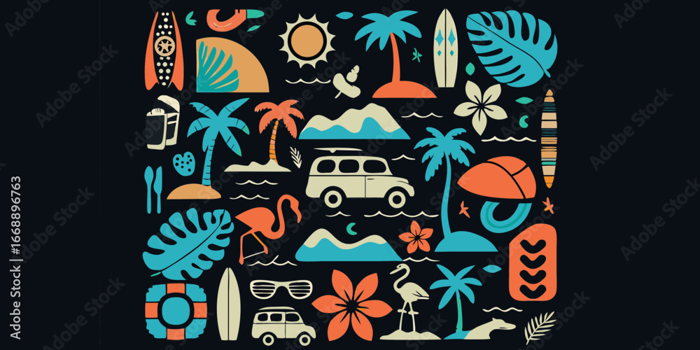 Obraz premium Colorful Tropical Summer Vacation Icons on Dark Background