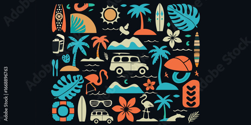 Colorful Tropical Summer Vacation Icons on Dark Background