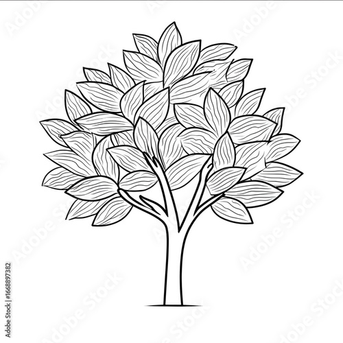 A simple line drawing of a tree with large leaves in black lines on a white background The focus is on the shapes without any additional detail or shading to .