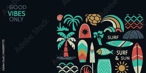 Tropical surf and beach illustration with good vibes text Keywords: surf, surfing, beach, ocean