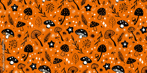 Whimsical Halloween Mushroom and Star Pattern seamless