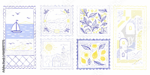 Vintage postage stamps with European scenes and motifs