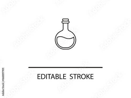 Simple line art icon of a round-bottom flask with liquid, perfect for science and education themes.