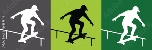 Three skateboarder silhouettes performing a grind on a rail against gray green and dark green backgrounds