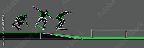 Skateboarder performing a trick sequence on a ramp leading to a rail in a stylized graphic image