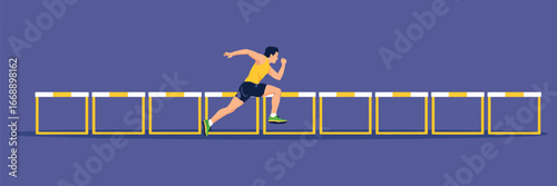 A man in a yellow tank top and black shorts is running over a series of yellow and white hurdles on purple