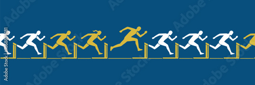 A line of white and gold figures jumping over hurdles against a dark blue background illustration style