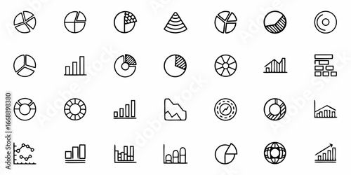Diverse collection of simple line-art charts and graphs representing data analysis, business growth, financial trends, and market research for modern presentations and reports.