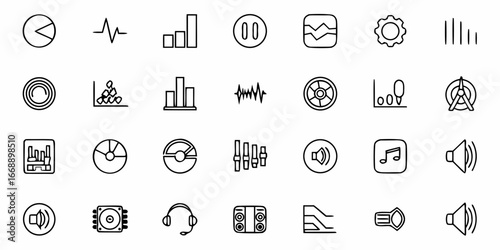 Dynamic collection of audio, data, and tech icons representing sound waves, charts, volume controls, and digital interfaces for modern design projects