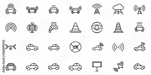 Collection of modern autonomous vehicle icons, perfect for technology, transportation, and smart city concepts, illustrating future mobility and connectivity