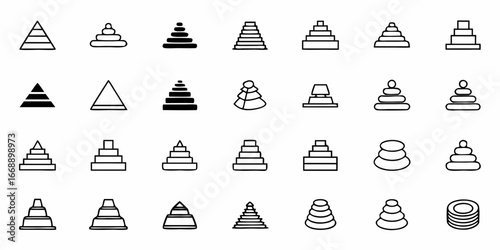 Collection of minimalist pyramid and stack icons, perfect for branding, web design, UI elements, and educational resources with clean, modern aesthetics