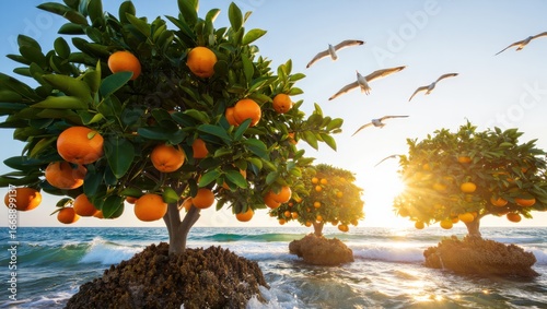 Tropical Citrus Island Paradise with Sunlit Orange Trees, Ultra-Realistic Ocean Photography