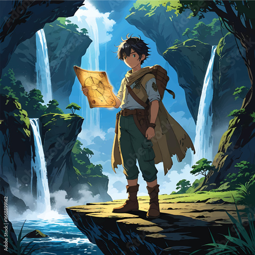 Anime boy adventuring in a magical fantasy realm