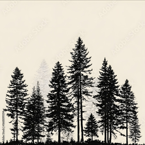 please show a simplifiedstylized image or outline of large pine trees as though looking out onto a pine tree forest.