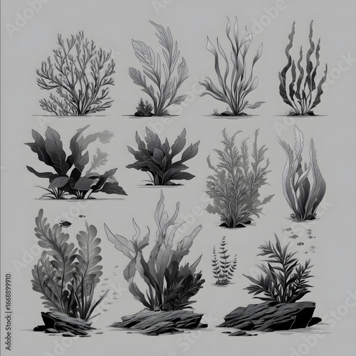 illustration drawing reference of underwater flora underwater vegetation.