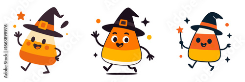 Cute Halloween Candy Corn Characters with Witch Hats