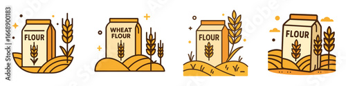 Flour packaging with wheat stalks and fields, Minimalist flat design