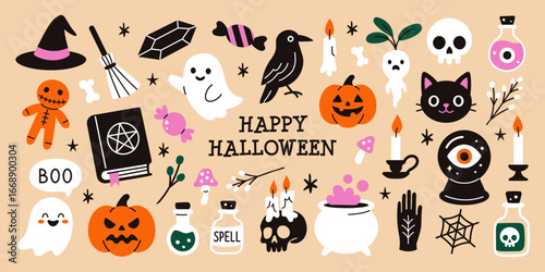 Vector collection of funny and spooky Halloween elements. October creepy cute set of ghosts, pumpkins, skulls, witch hat, black cat, magic book, potions, and other holiday clipart in flat design.
