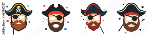 Stylized Pirate Heads with Eyepatches and Hats, Minimalist flat
